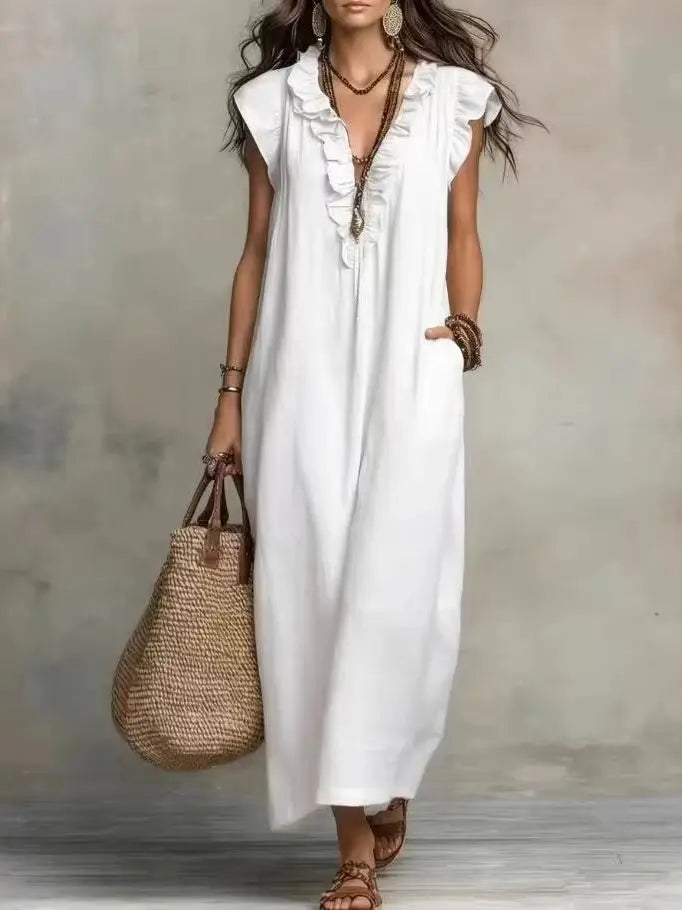 VESTIDO MAXI BOHO DE VERANO | ESCOTE EN V, SIN MANGAS Y CON BOLSILLOS