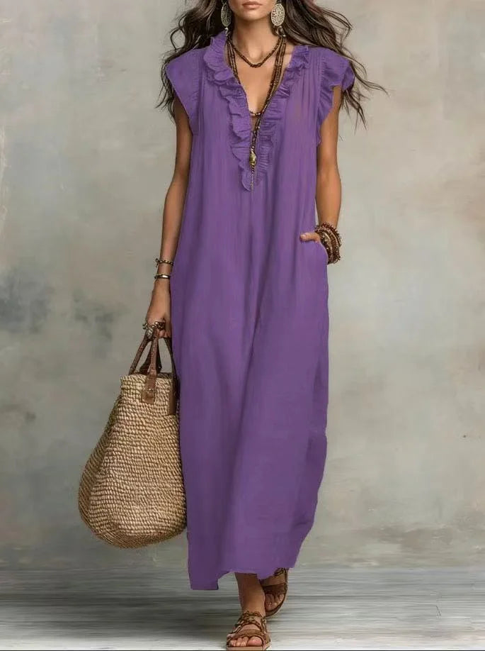 VESTIDO MAXI BOHO DE VERANO | ESCOTE EN V, SIN MANGAS Y CON BOLSILLOS