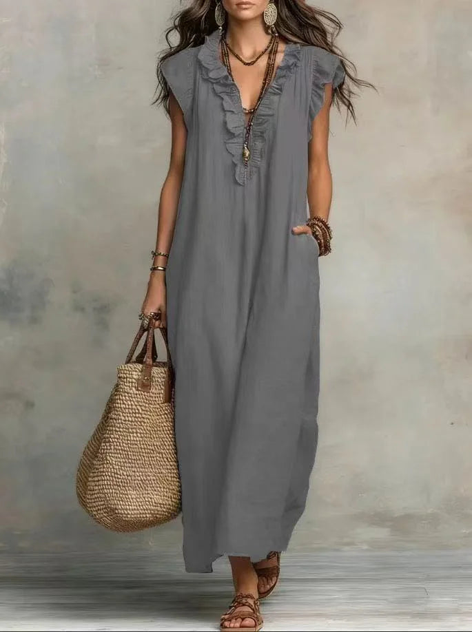 VESTIDO MAXI BOHO DE VERANO | ESCOTE EN V, SIN MANGAS Y CON BOLSILLOS