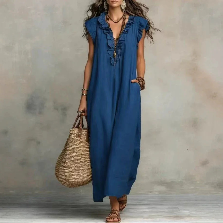 VESTIDO MAXI BOHO DE VERANO | ESCOTE EN V, SIN MANGAS Y CON BOLSILLOS