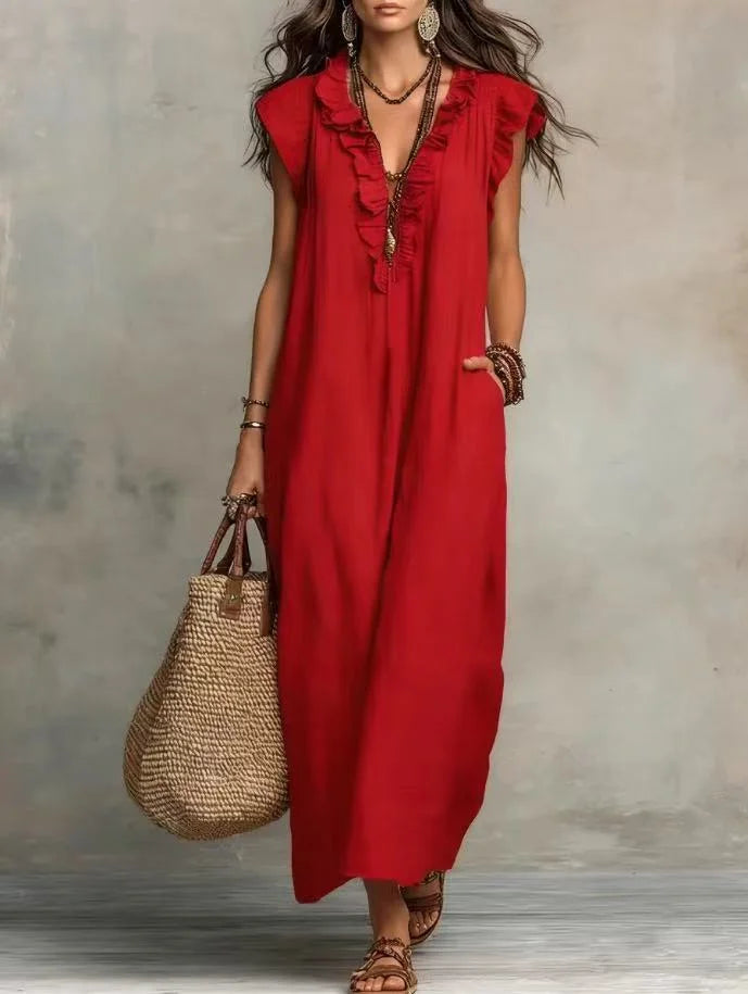 VESTIDO MAXI BOHO DE VERANO | ESCOTE EN V, SIN MANGAS Y CON BOLSILLOS