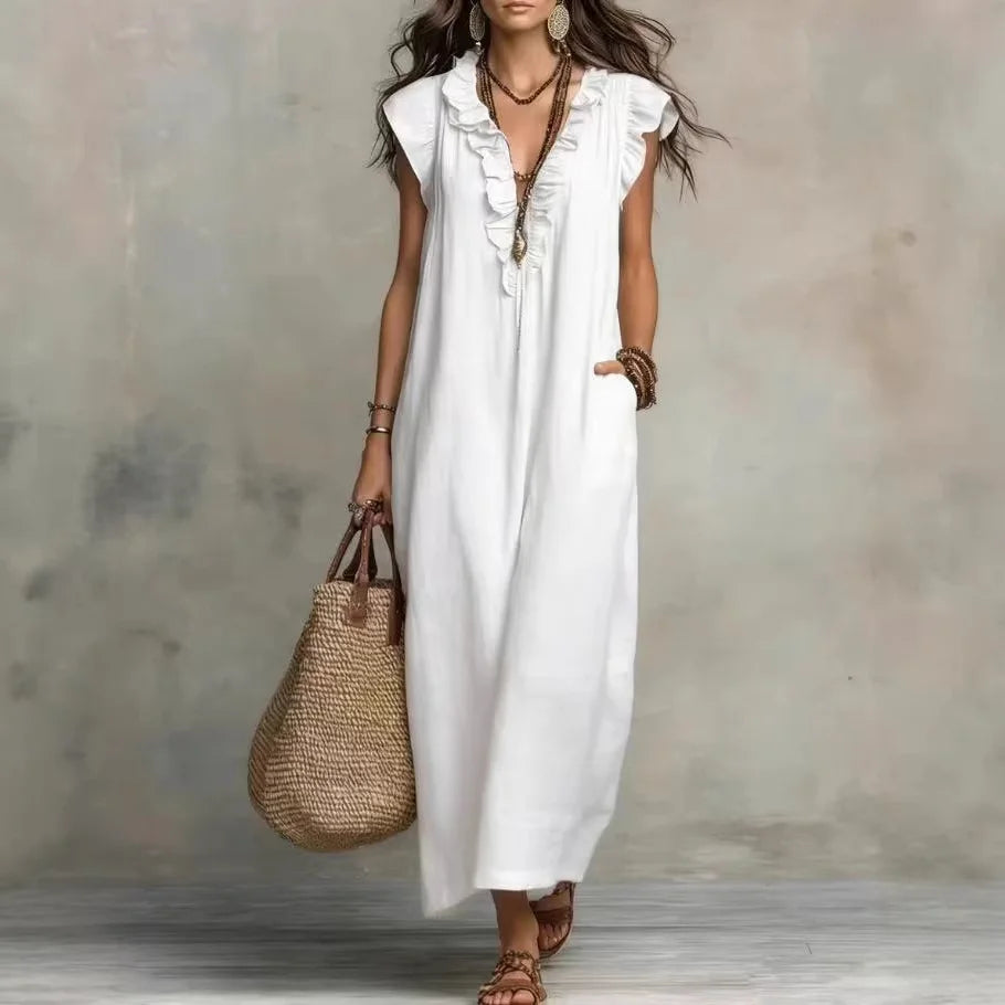VESTIDO MAXI BOHO DE VERANO | ESCOTE EN V, SIN MANGAS Y CON BOLSILLOS
