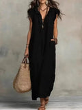 VESTIDO MAXI BOHO DE VERANO | ESCOTE EN V, SIN MANGAS Y CON BOLSILLOS