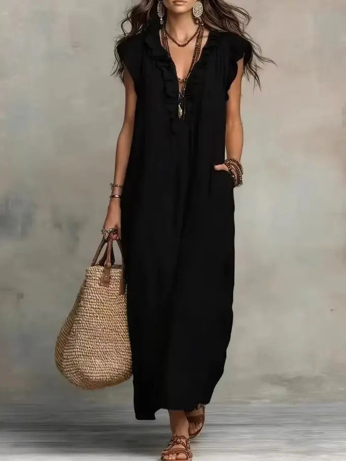 VESTIDO MAXI BOHO DE VERANO | ESCOTE EN V, SIN MANGAS Y CON BOLSILLOS
