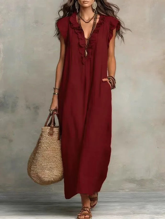 VESTIDO MAXI BOHO DE VERANO | ESCOTE EN V, SIN MANGAS Y CON BOLSILLOS