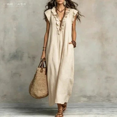 VESTIDO MAXI BOHO DE VERANO | ESCOTE EN V, SIN MANGAS Y CON BOLSILLOS