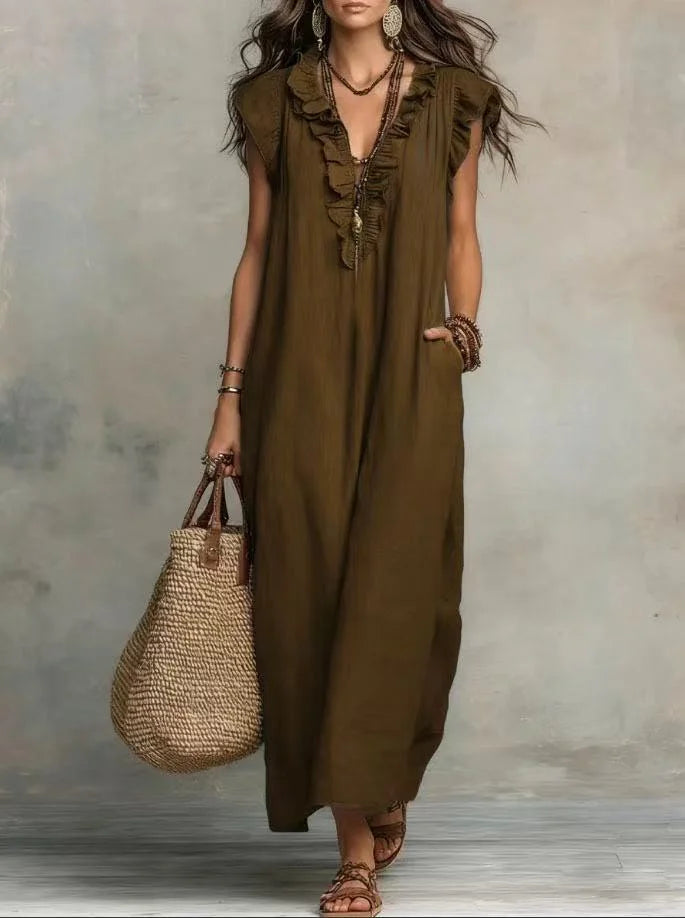 VESTIDO MAXI BOHO DE VERANO | ESCOTE EN V, SIN MANGAS Y CON BOLSILLOS