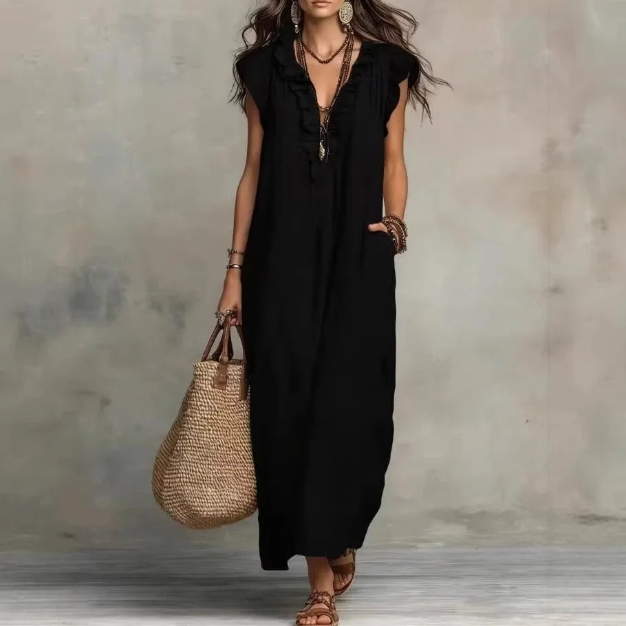 VESTIDO MAXI BOHO DE VERANO | ESCOTE EN V, SIN MANGAS Y CON BOLSILLOS