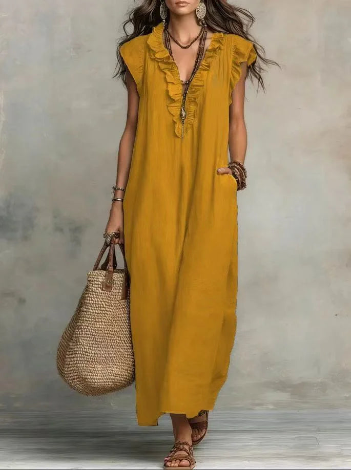 VESTIDO MAXI BOHO DE VERANO | ESCOTE EN V, SIN MANGAS Y CON BOLSILLOS