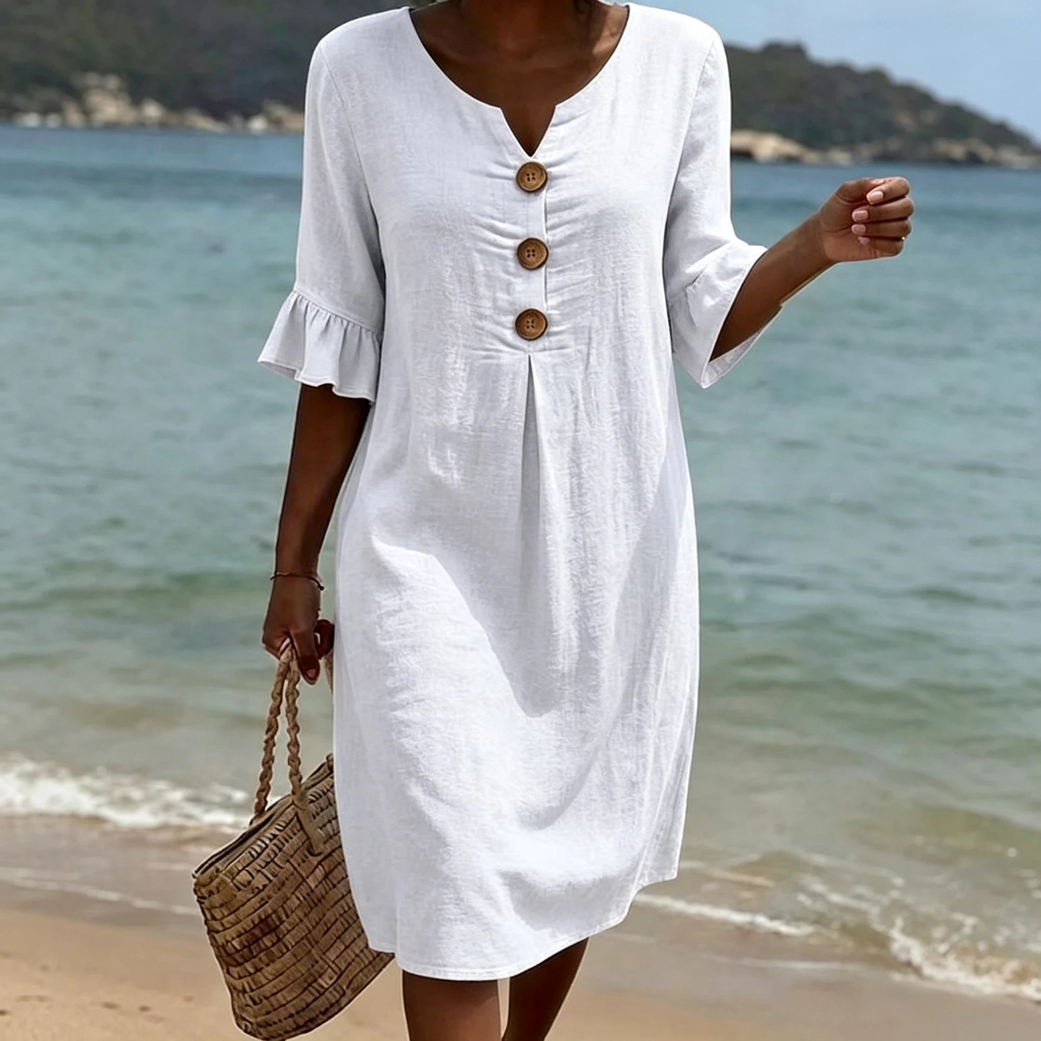 VESTIDO LINO BOTONES & VOLANTES