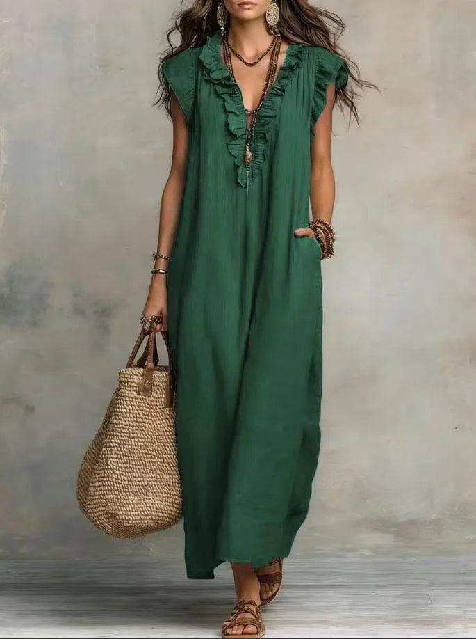 VESTIDO MAXI BOHO DE VERANO | ESCOTE EN V, SIN MANGAS Y CON BOLSILLOS