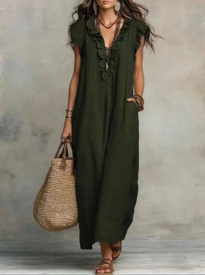 VESTIDO MAXI BOHO DE VERANO | ESCOTE EN V, SIN MANGAS Y CON BOLSILLOS