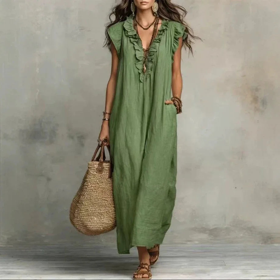 VESTIDO MAXI BOHO DE VERANO | ESCOTE EN V, SIN MANGAS Y CON BOLSILLOS