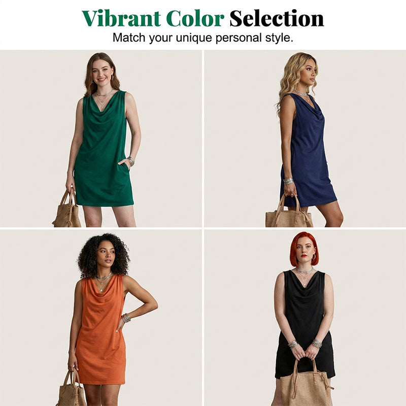 Elegante Vestido Slim Fit con Escote Cowl – Sin mangas, bolsillos laterales y versátil ✨