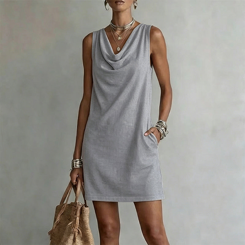 Elegante Vestido Slim Fit con Escote Cowl – Sin mangas, bolsillos laterales y versátil ✨